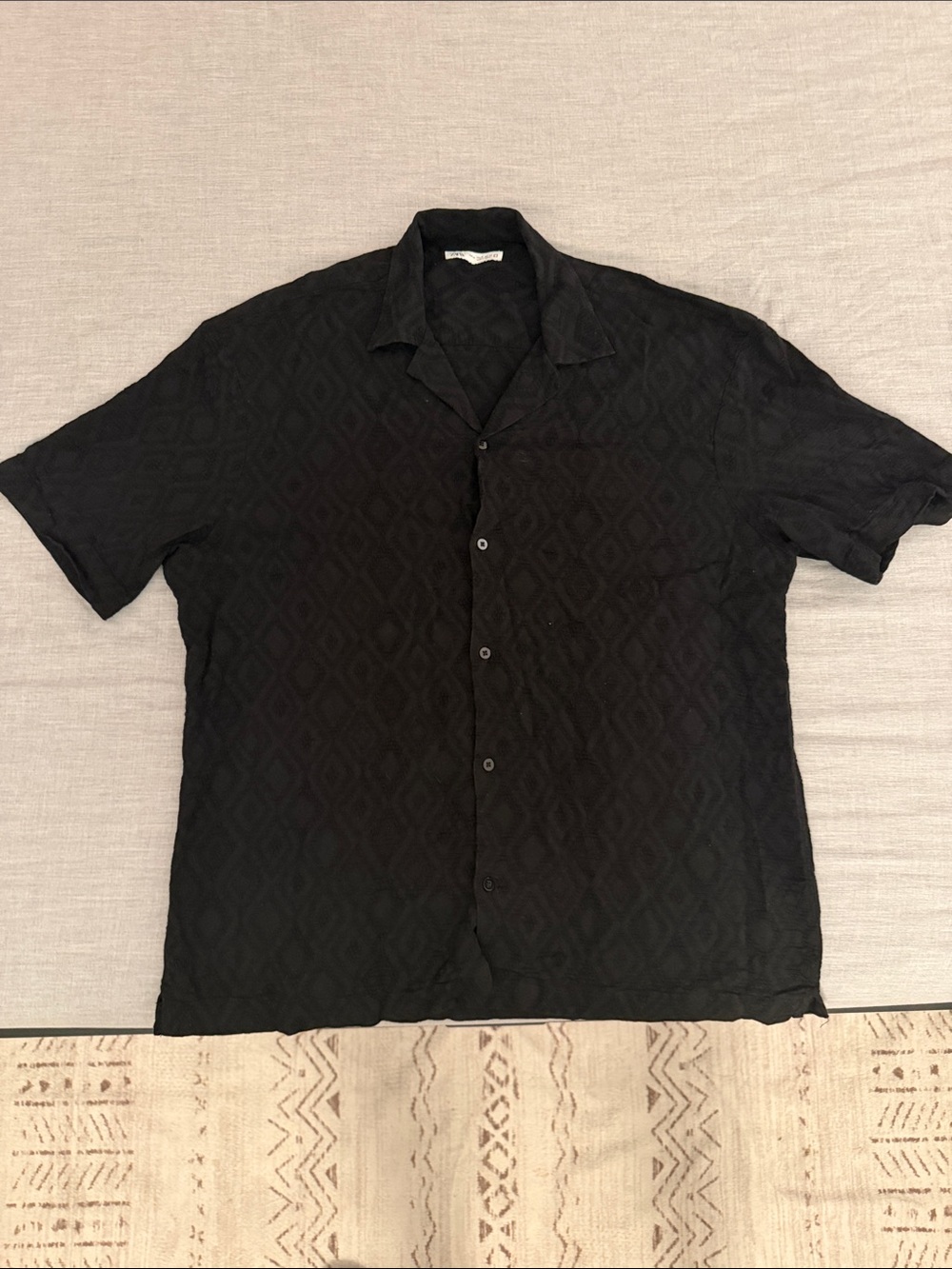 Zara Black Short-Sleeve Textured Button-Down Shirt